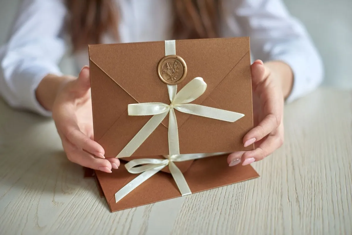 Une femme tient une enveloppe