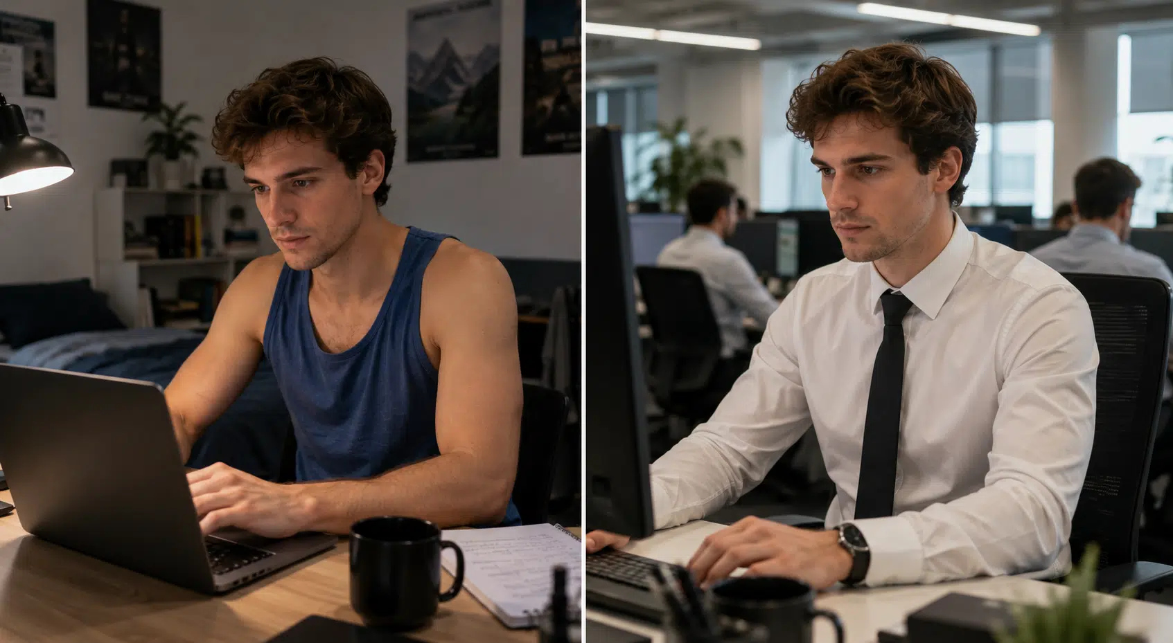 Une image scindé en en deux. A gauche on un home travailler chez lui en freelance, à droite, on le voit en train de travailler dans un open space.