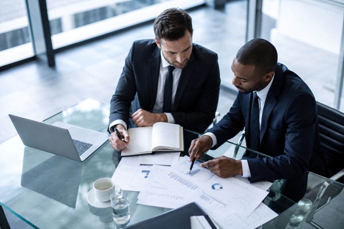 Deux professionnels en costume analysant des documents sur une table en verre.