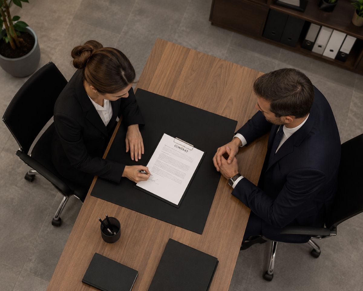 Une femme signe un contrat de travail